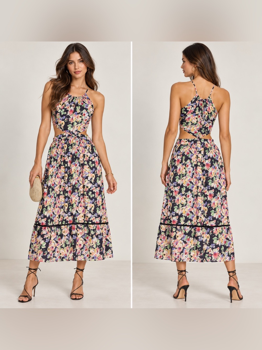 Floral Cutout Midi Dress - Black Navy combo